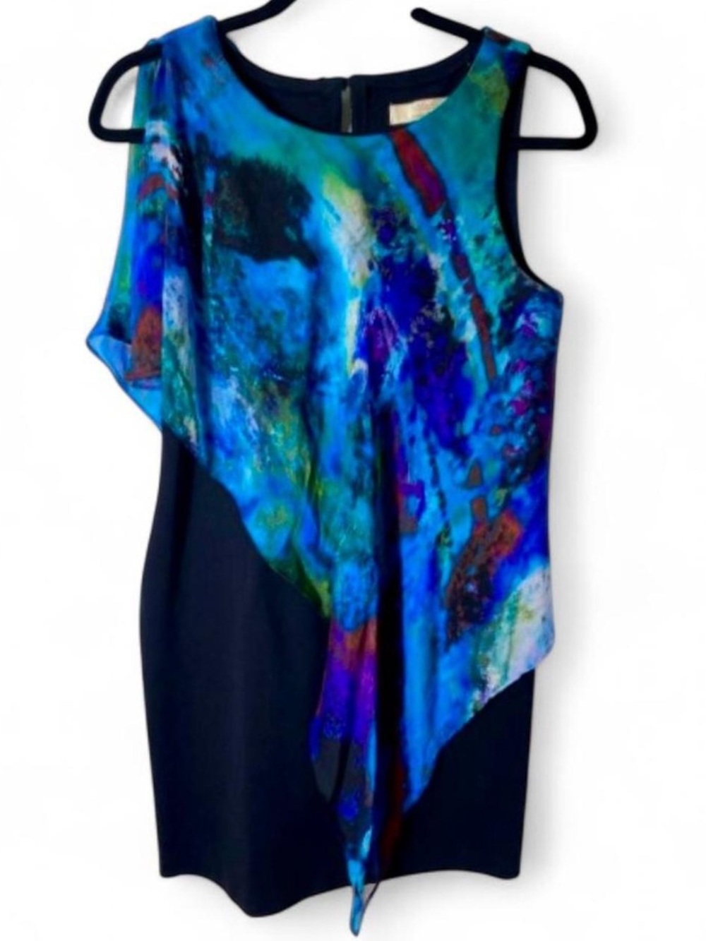 Aidan Mattox Whimsical Sheath Bodycon Dress With Bold Multicolor Silk Overlay